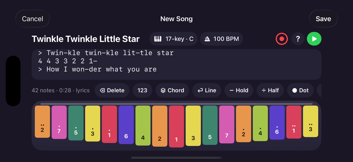 The song editor in landscape, with all 17 tines spread across the full width of the screen