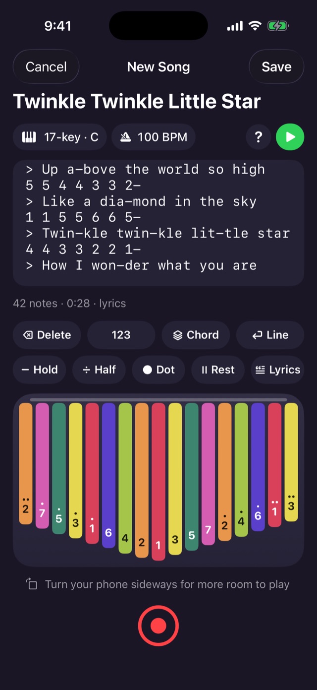 Song editor showing Twinkle Twinkle Little Star with lyrics, two rows of edit buttons, a 17-key kalimba and a record button