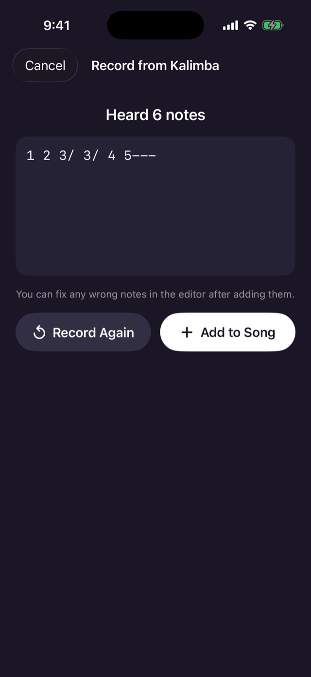 Recording review: Heard 6 notes, the tab 1 2 3/ 3/ 4 5---, with Record Again and Add to Song buttons