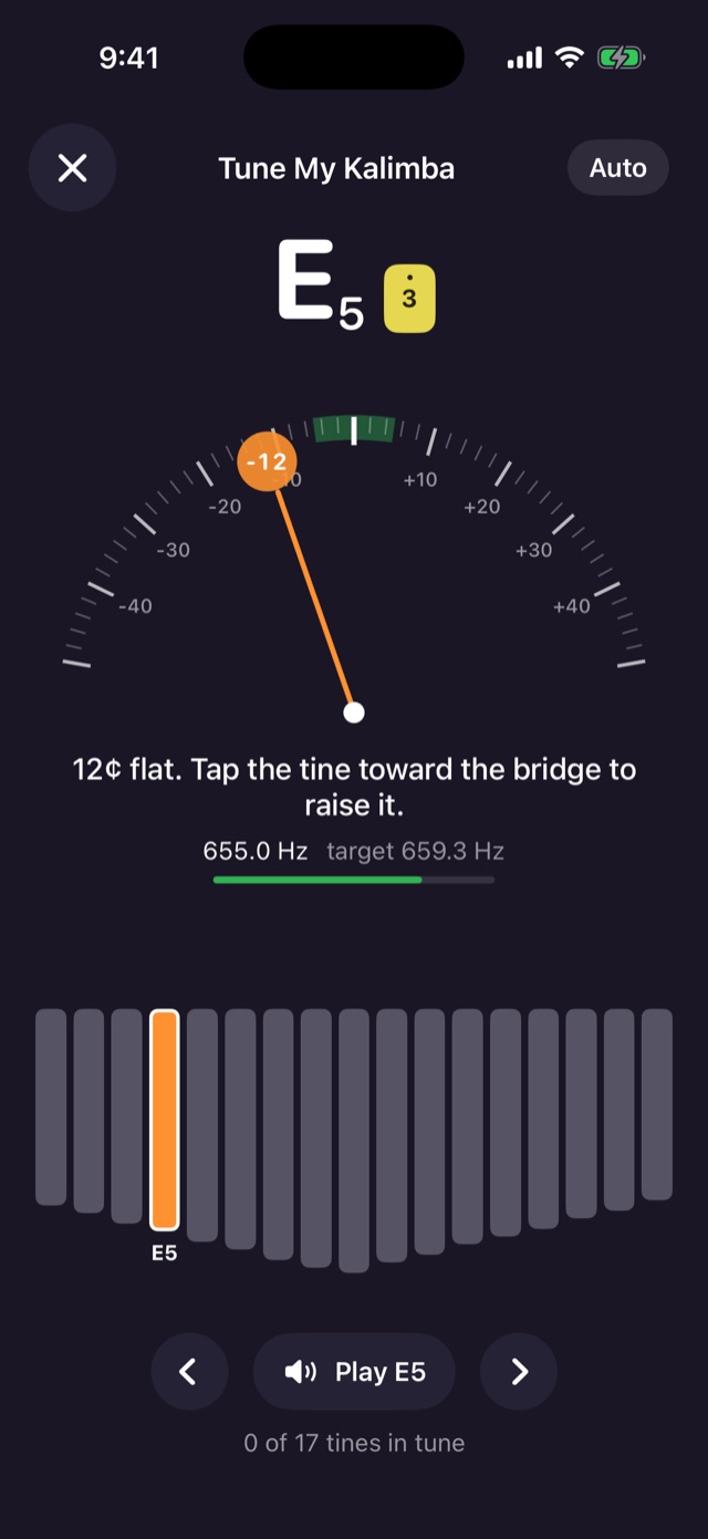 Tune My Kalimba showing E5 at 12 cents flat, with the hint: tap the tine toward the bridge to raise it
